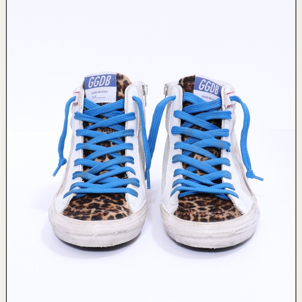 Golden Goose White Leopard Print Sneakers with Blue Laces